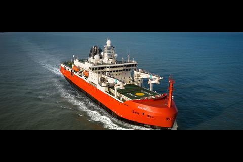 Australia’s new icebreaking research ship on arrival in Vlissingen from her Romanian yard of build. (credit: Damen).